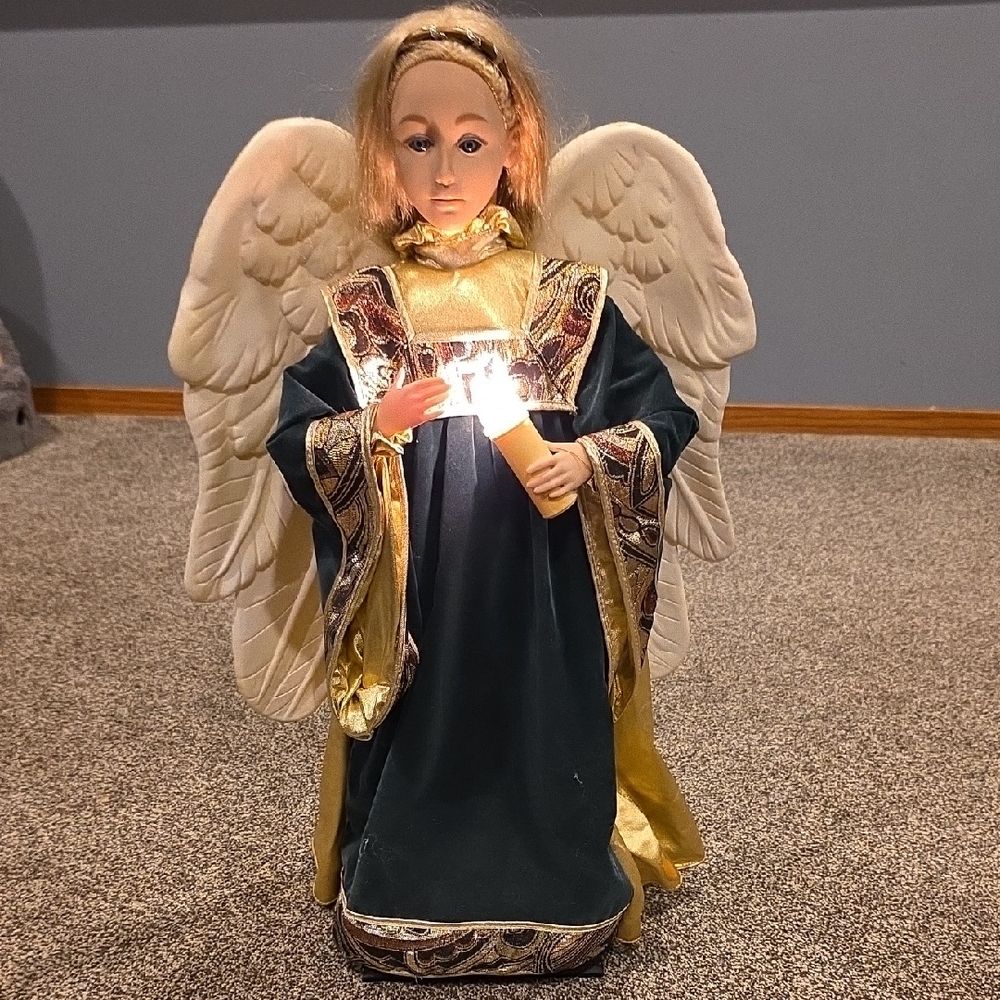 Decorative Angel Tree Topper with Candle - Green and Gold